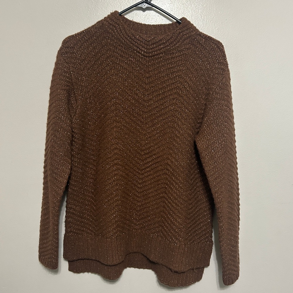 Talbots Womens Sweater M Brown Metallic Chevron Mock Neck Shimmer Fall Holiday